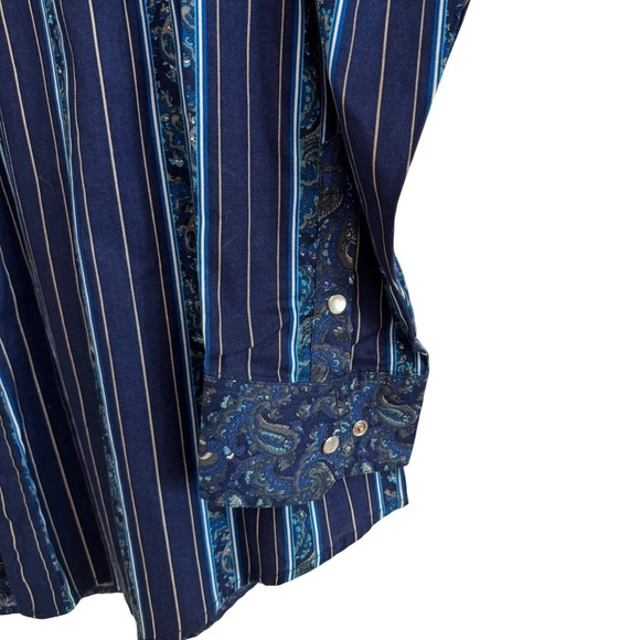 VTG Express Rider 2XL Western Pearl Snap Shirt Blue Paisley Stripe Split Panel - Picture 4 of 9